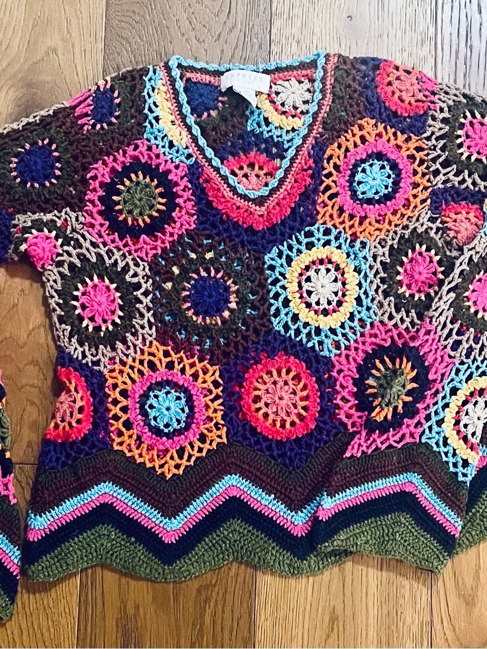 Express Multicolor Crochet Circle V-Neck Sweater